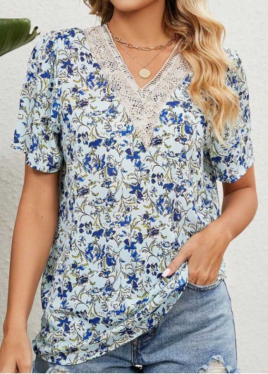 women clothes image of Light Blue Patchwork Floral Print Short Sleeve Blouse