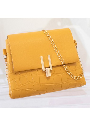 Modlily Yellow Pushlock Chains PU Material Shoulder Bag - One Size