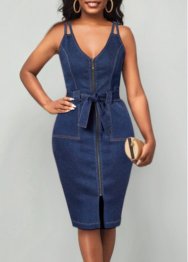 Modlily Plus Size Denim Blue Zipper Belted Bodycon Dress - 1X