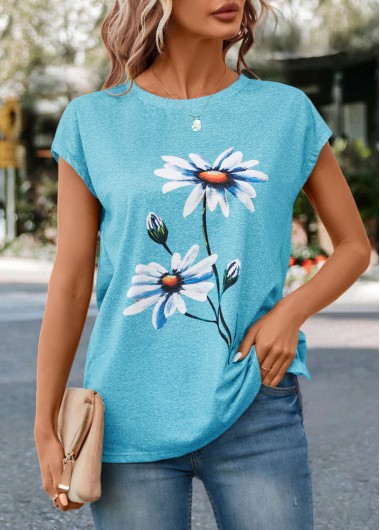 women clothes image of Sky Blue Floral Print Short Sleeve T Shirt
