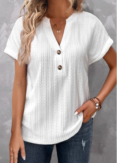 White Button Short Sleeve Split Neck T Shirt | modlily.com - USD 15.98