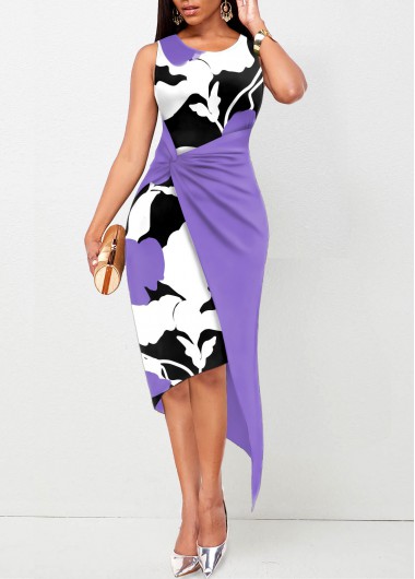 Modlily Purple Twist Floral Print Sleeveless Bodycon Dress - M