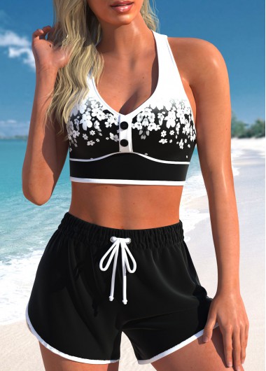 Modlily Black Criss Cross High Waisted Floral Print Bikini Set - XXL