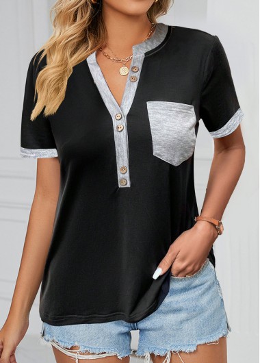 women clothes image of Black Pocket Short Sleeve Split Neck T Shirt
