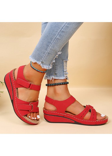 Modlily Red Peep Toe Mid Heel Velcro Sandals - 38