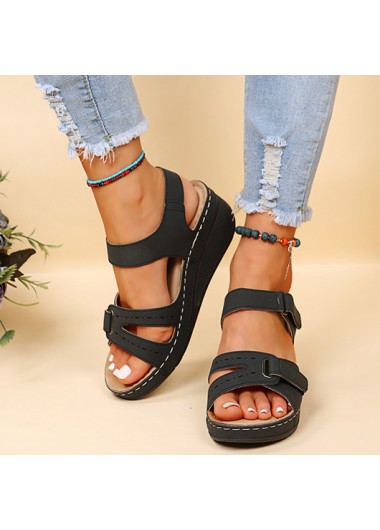 Modlily Black Velcro Peep Toe Mid Heel Sandals - 44