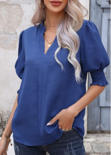 women clothes image of Dark Blue Smocked Half Sleeve Split Neck Blouse