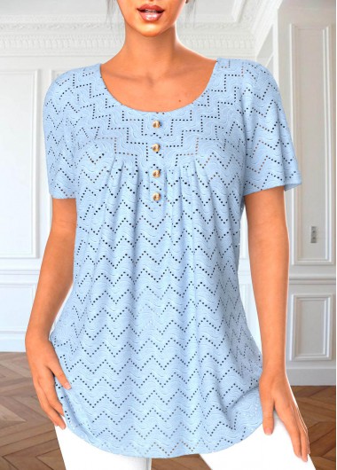 women clothes image of Light Blue Button Short Sleeve Round Neck Blouse