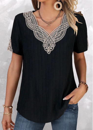 women clothes image of Black Lace Short Sleeve V Neck T Shirt