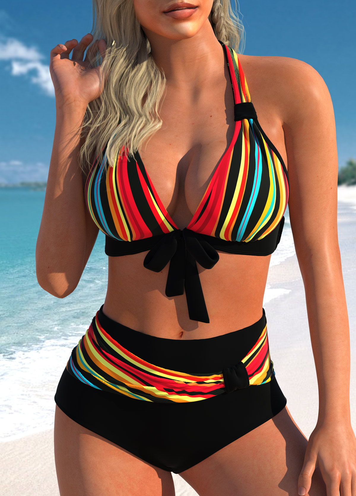 Rainbow Color Bowknot Halter Bikini Set