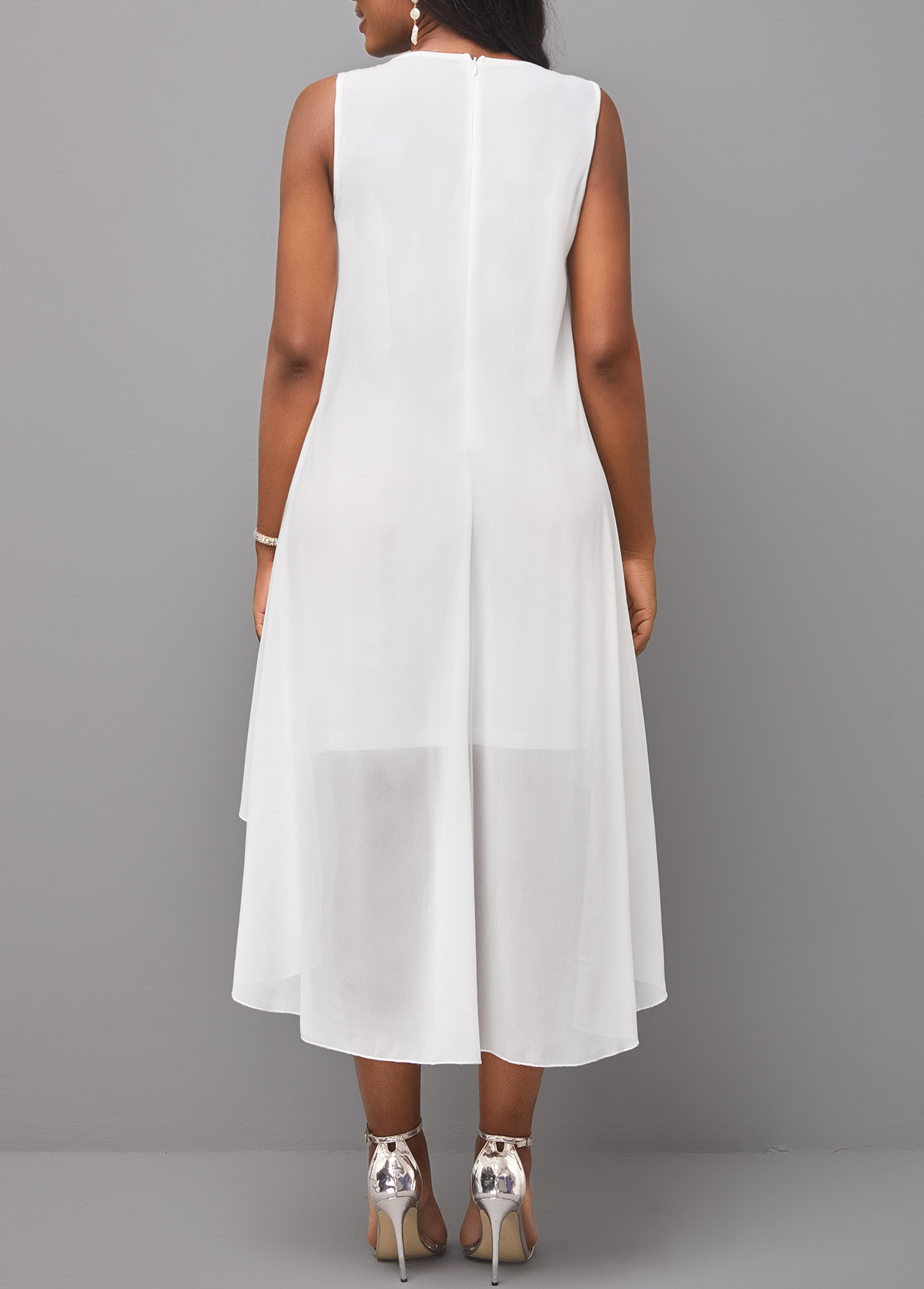 White Sleeveless Round Neck Hollow Embroidered Dress