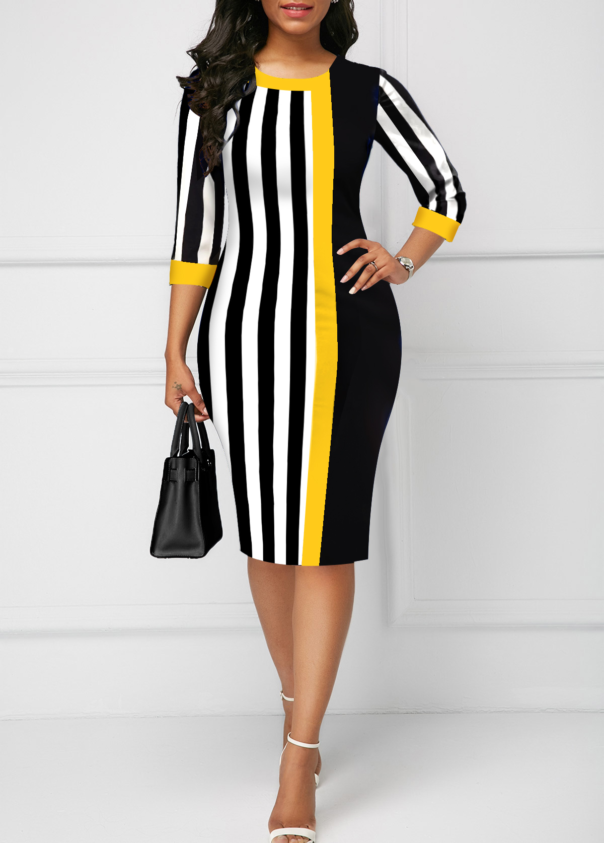 Black Striped Three Quarter Length Sleeve Bodycon Dress