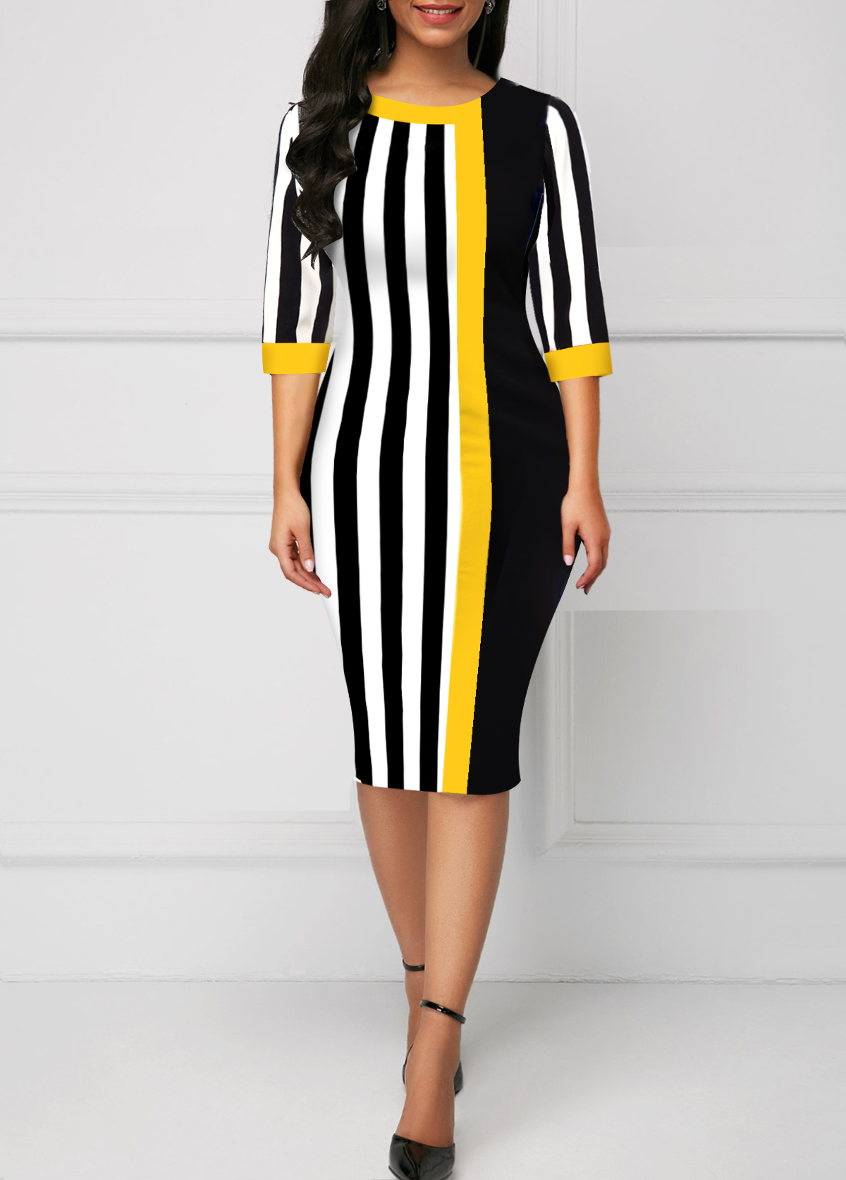 Black Striped Three Quarter Length Sleeve Bodycon Dress | picture 