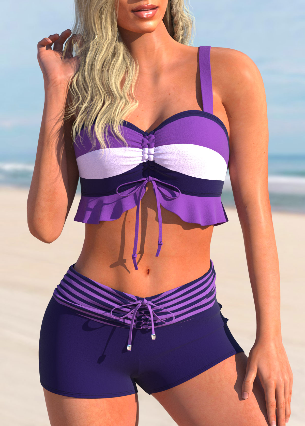 Drawstring Striped Purple Ruffle Bikini Set