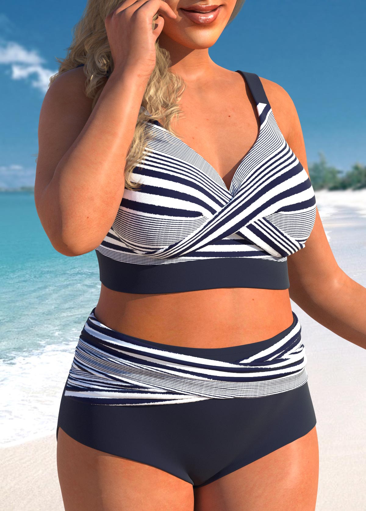 Plus Size Criss Cross Navy Striped Bikini Set