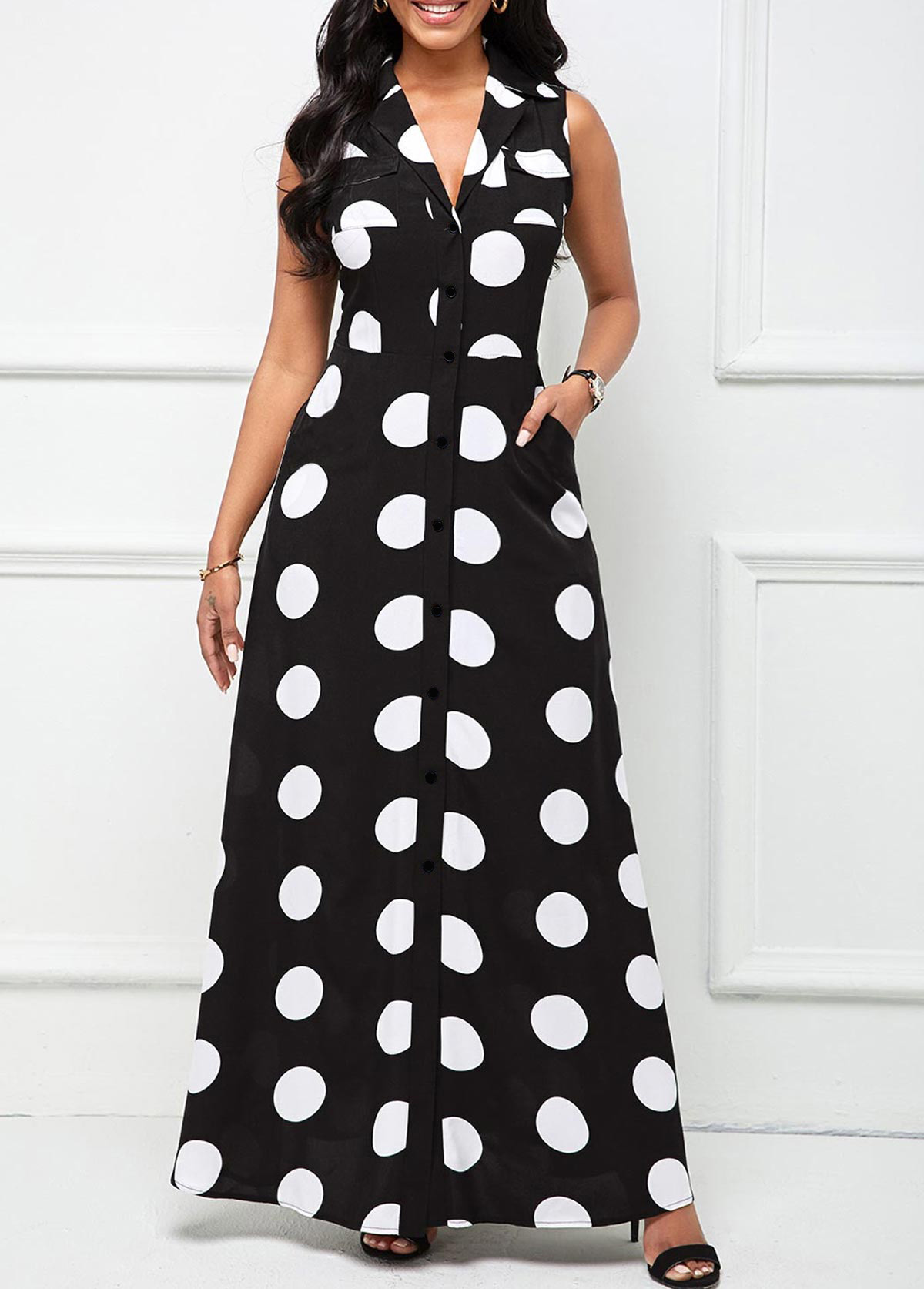 Black Button Polka Dot Sleeveless Lapel Maxi Dress