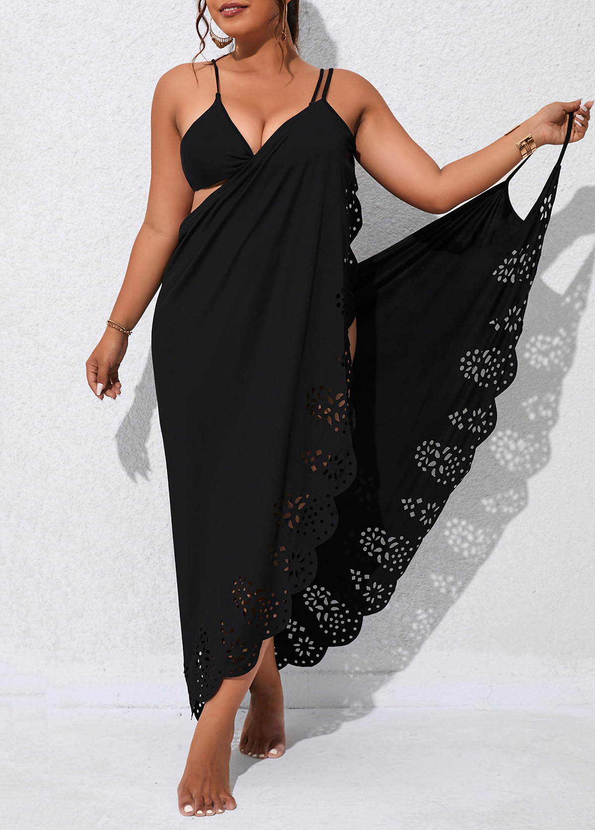Plus Size Burn Out Printing Black Cover Up