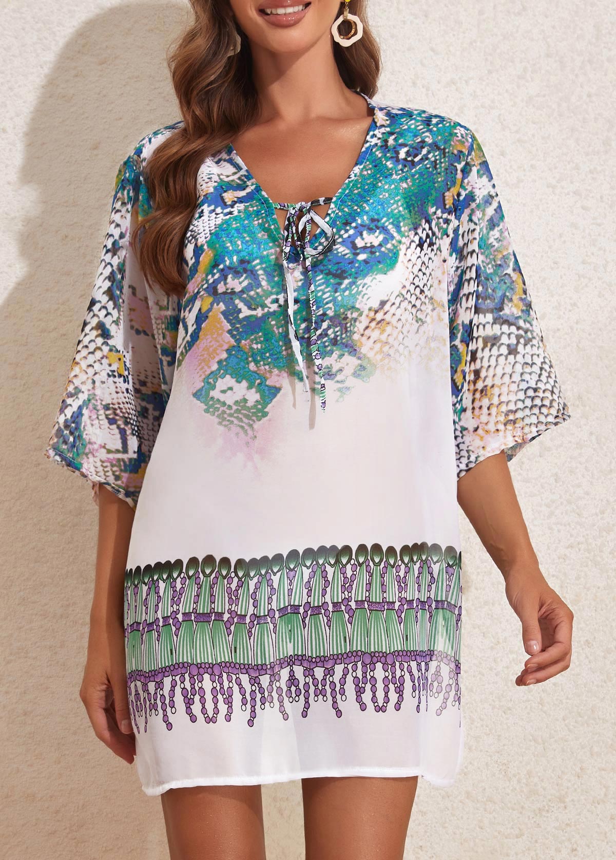 Tie Fish Scales Print White Cover Up
