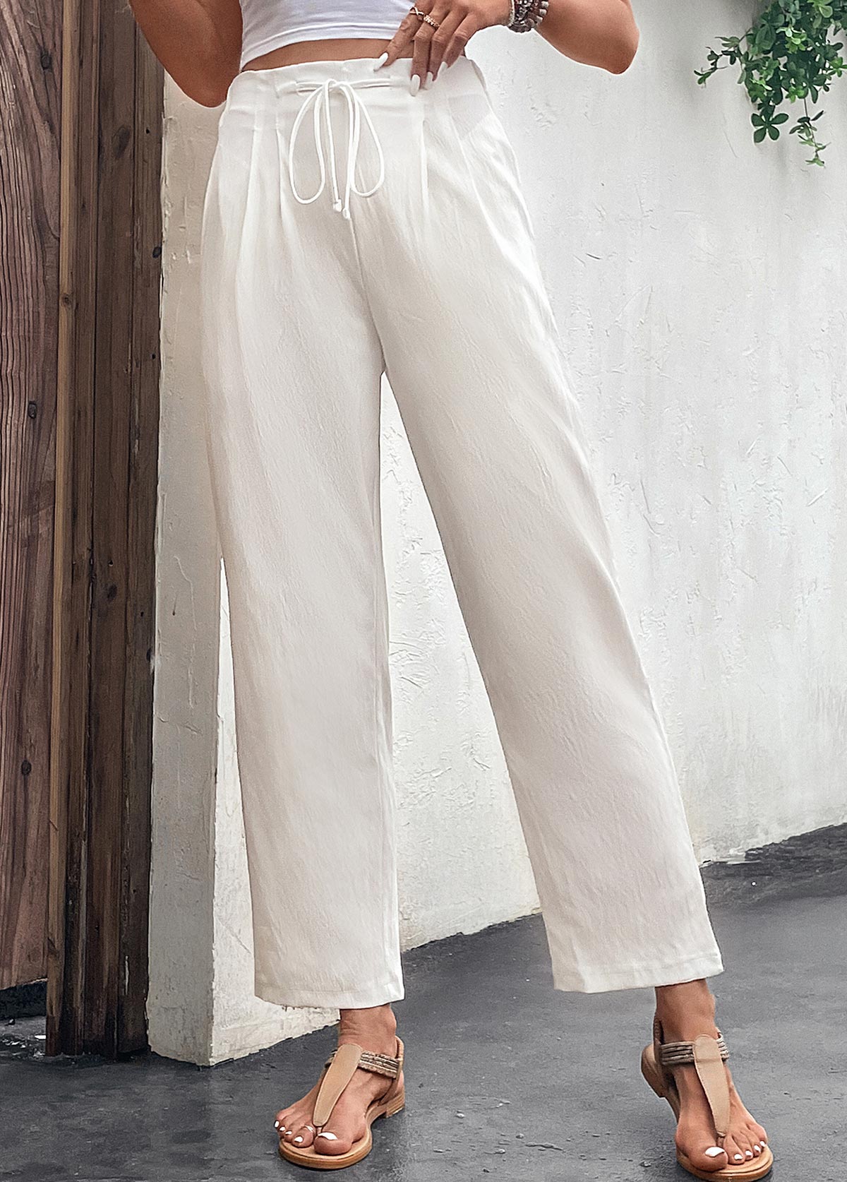 White Pocket Drawastring High Waisted Pants | modlily.com - USD 24.98