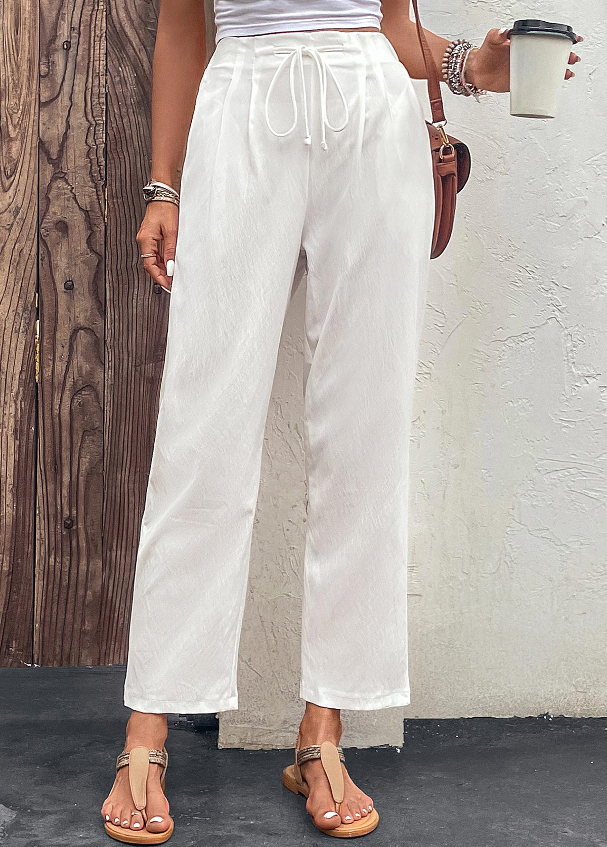 White Pocket Drawastring High Waisted Pants | modlily.com - USD 26.98