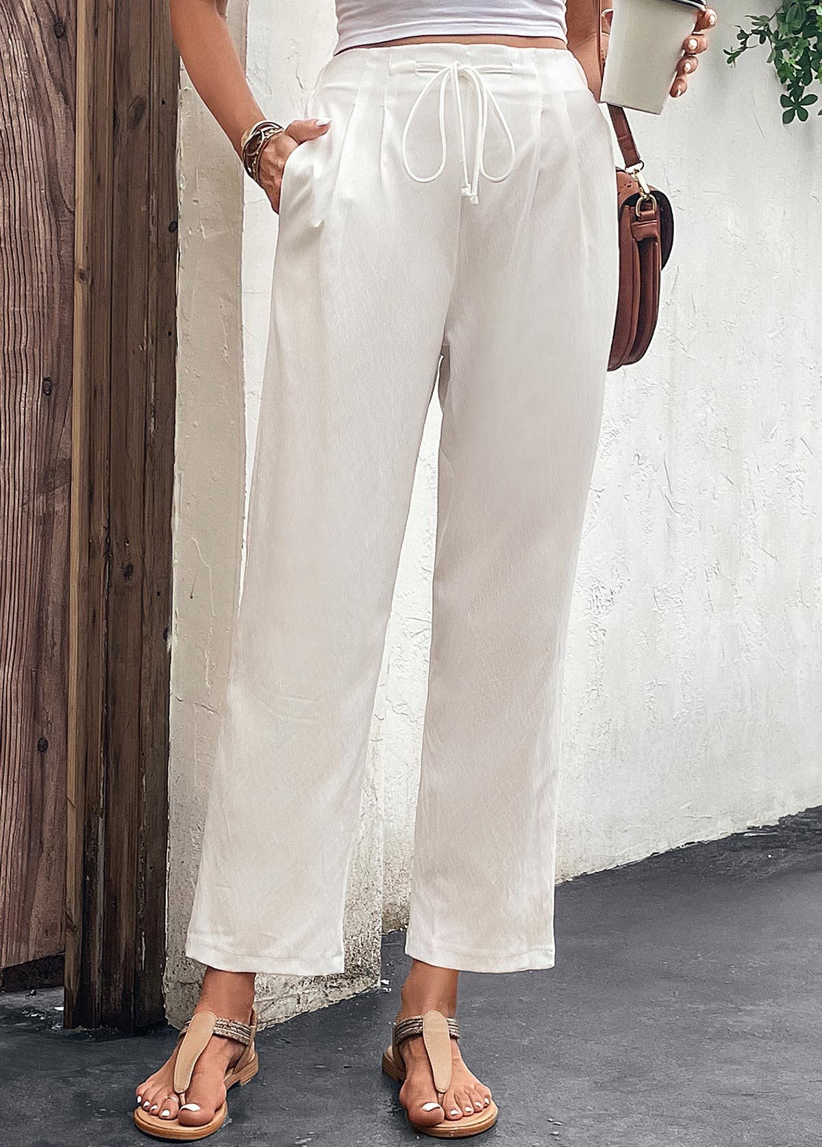 White Pocket Drawastring High Waisted Pants | modlily.com - USD 24.98