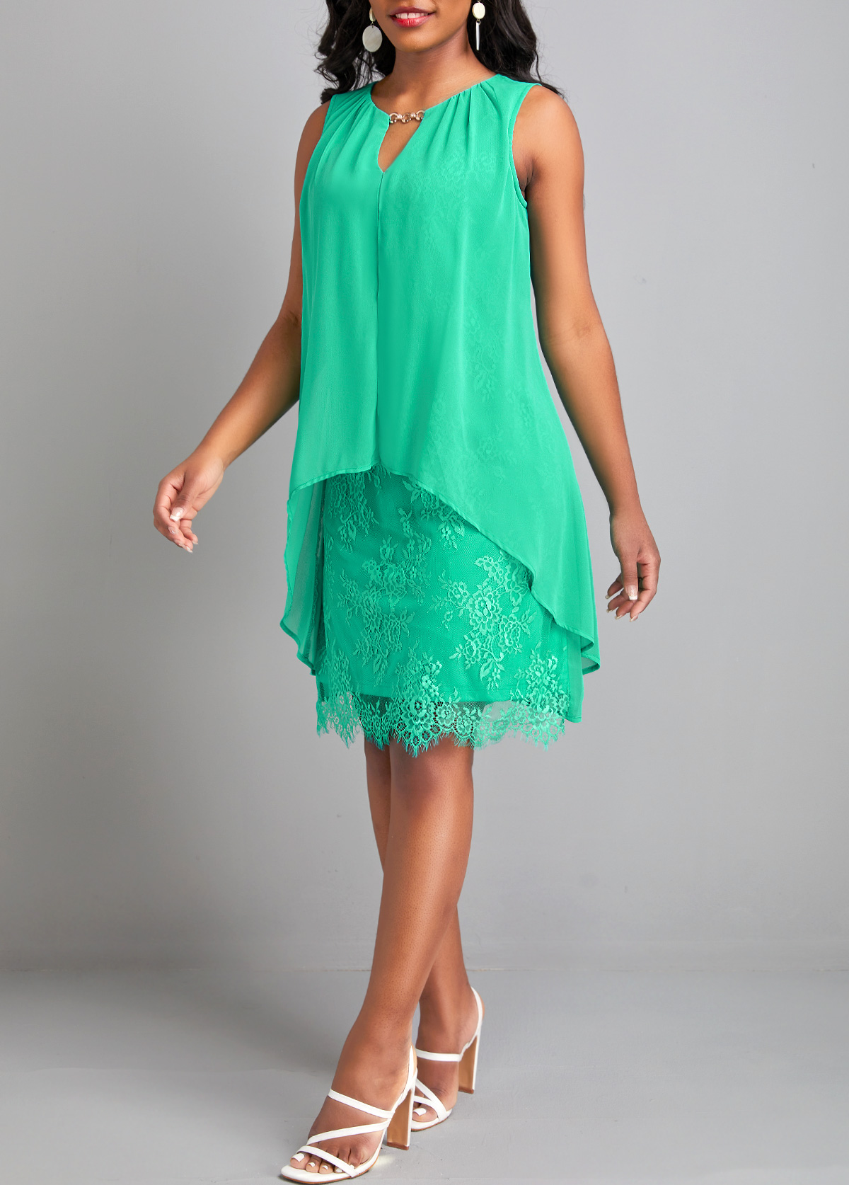 Green Lace H Shape Sleeveless Round Neck Dress