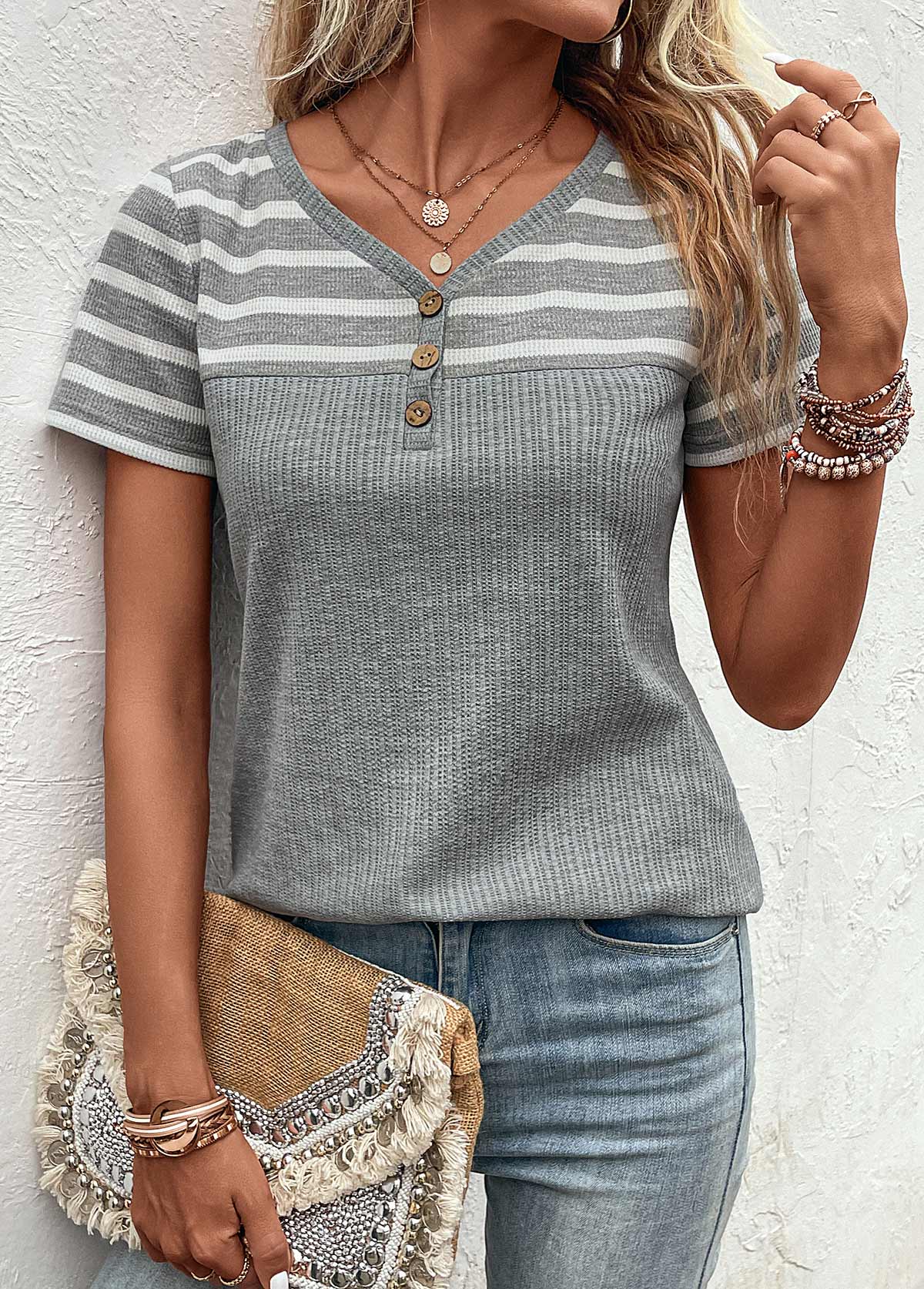 Grey Button Striped Short Sleeve T Shirt | modlily.com - USD 31.98