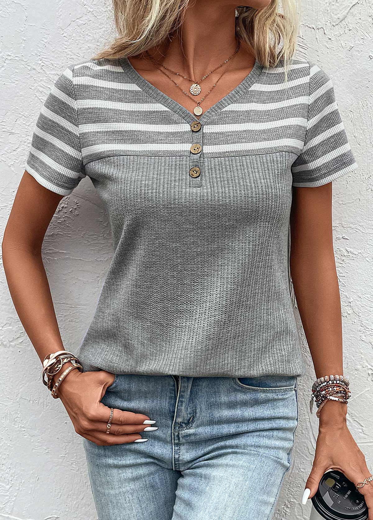 Grey Button Striped Short Sleeve T Shirt | modlily.com - USD 29.98