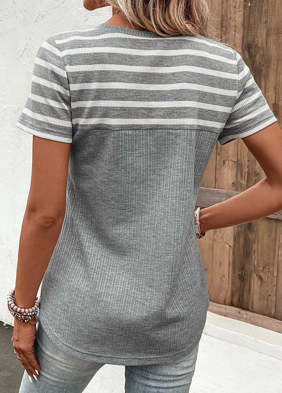Grey Button Striped Short Sleeve T Shirt