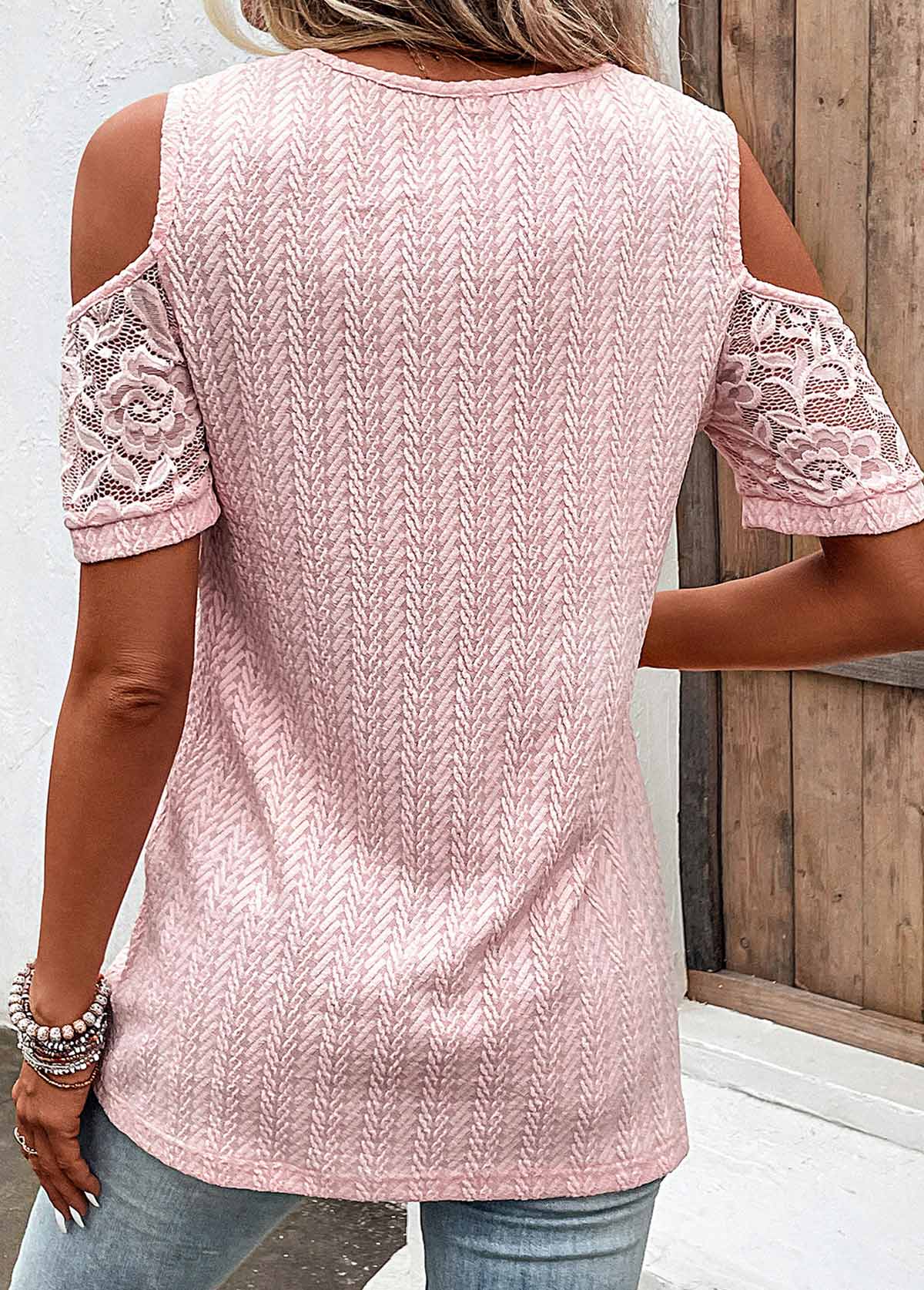 Light Pink Lace Short Sleeve T Shirt