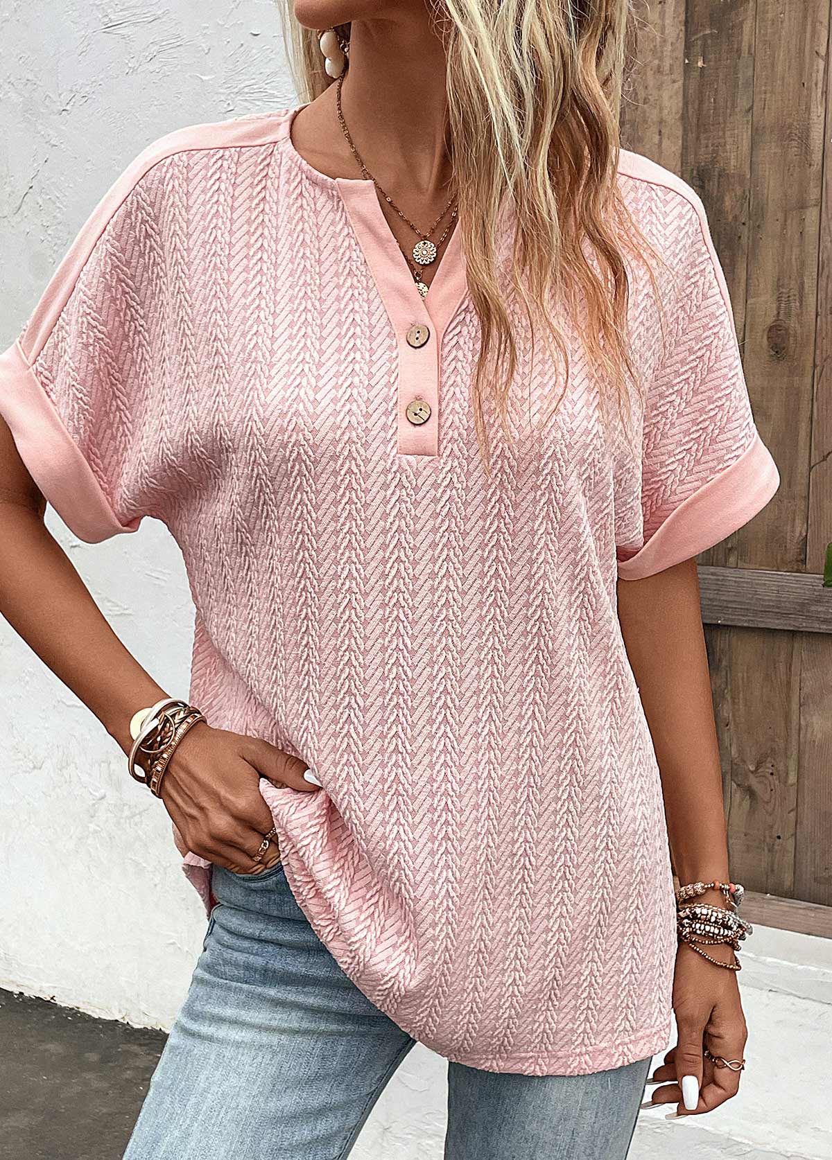Dusty Pink Button Short Sleeve Split Neck Blouse | picture 