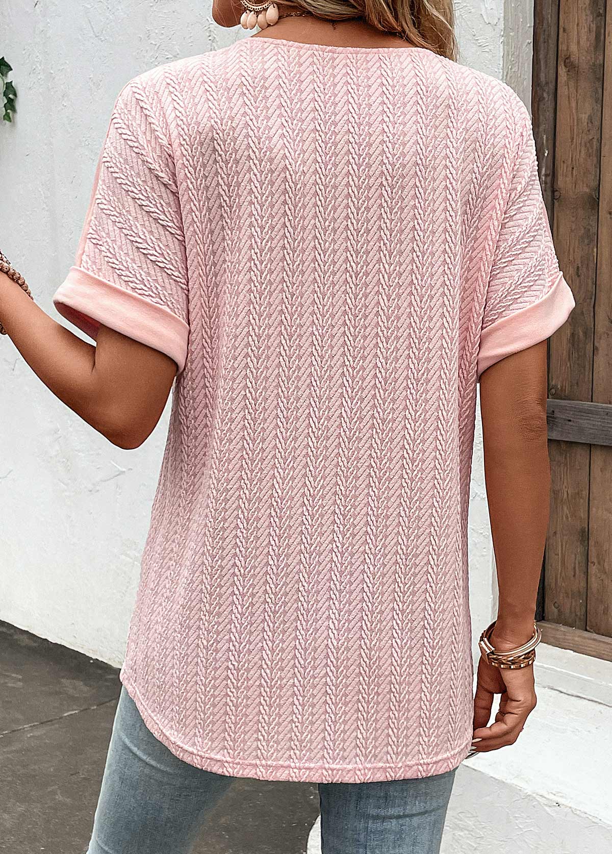 Dusty Pink Button Short Sleeve Split Neck Blouse | picture 