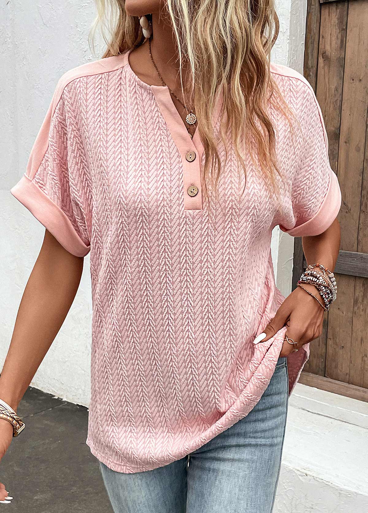 Dusty Pink Button Short Sleeve Split Neck Blouse | picture 