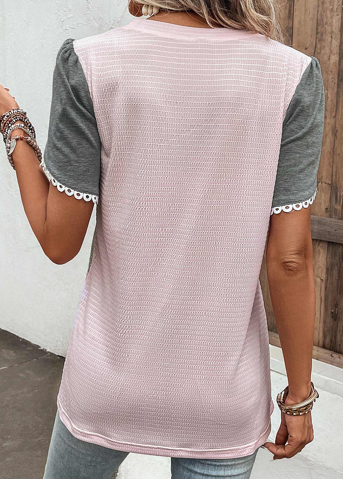Pink Patchwork Short Sleeve Round Neck T Shirt