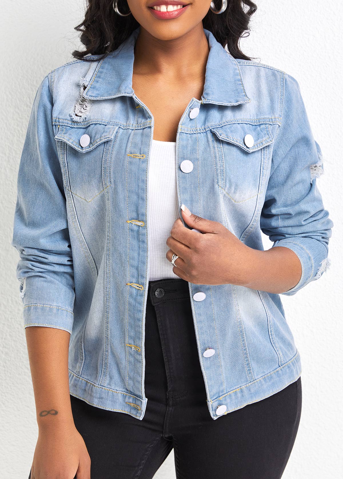 Light Blue Pocket Long Sleeve Shirt Collar Jacket