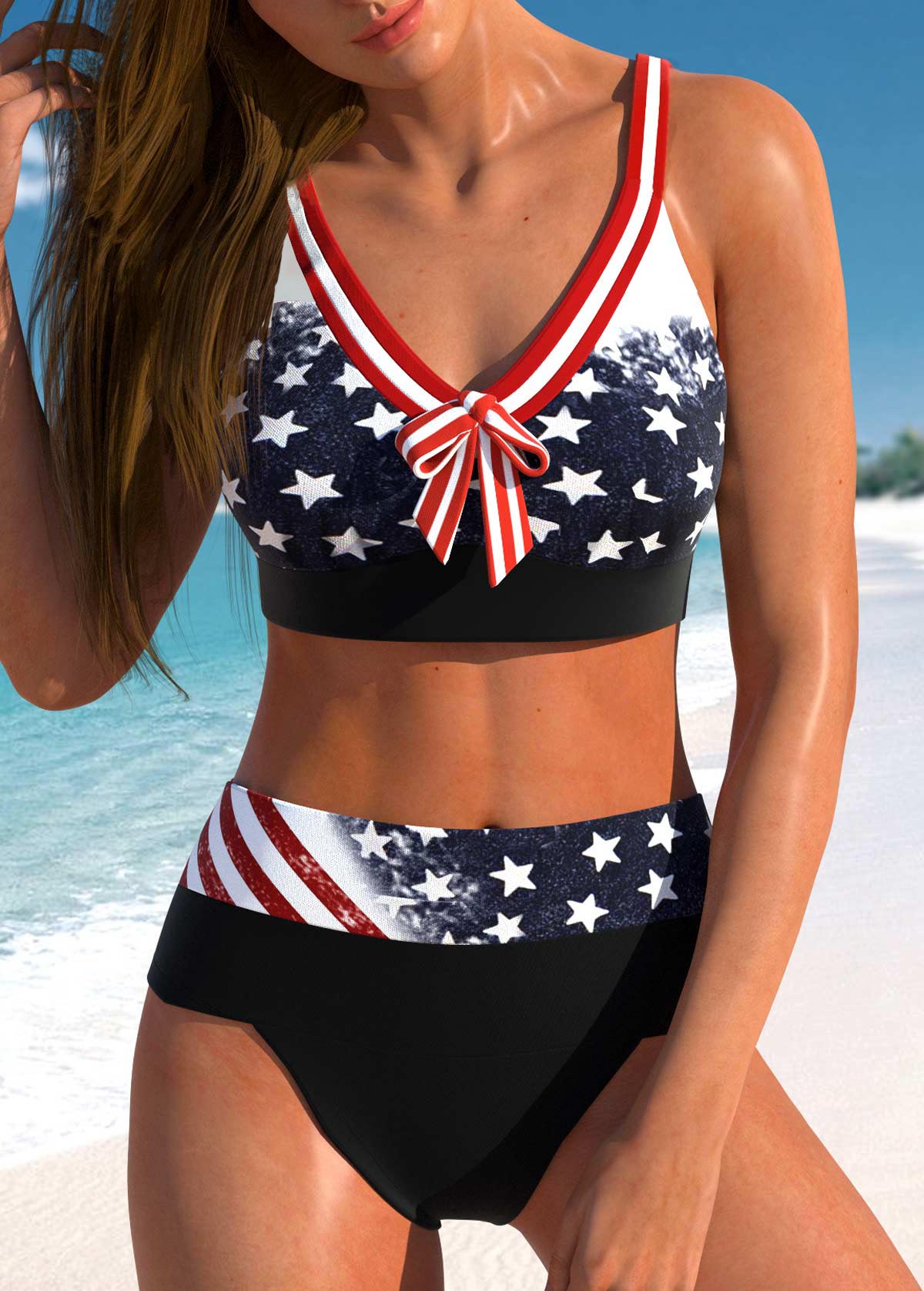 Bowknot High Waisted American Flag Print Bikini Set