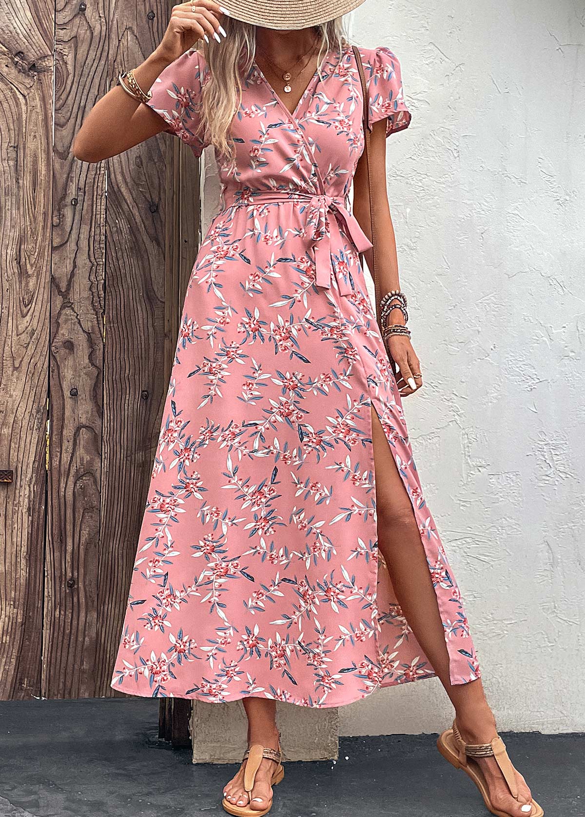 Pink Split Leaf Print Belted Maxi Dress