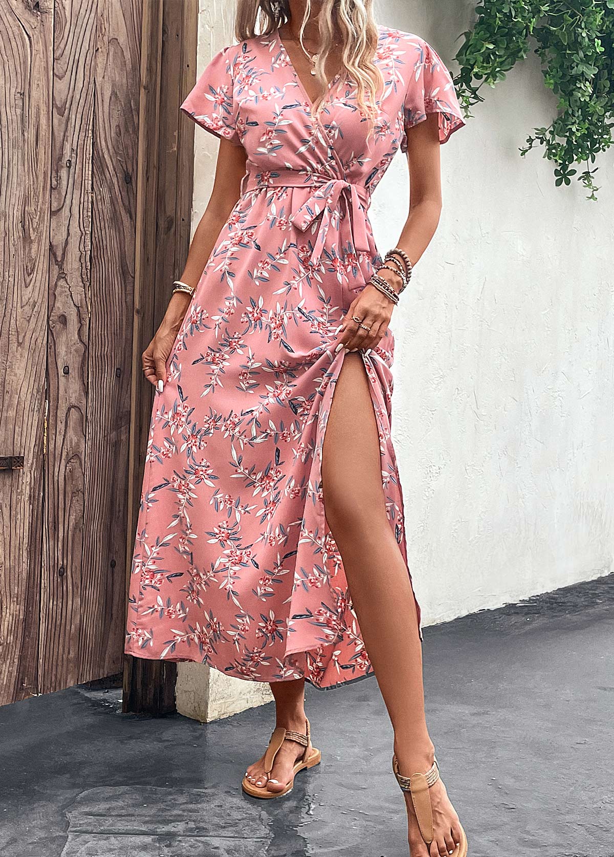 Pink Split Leaf Print Belted Maxi Dress