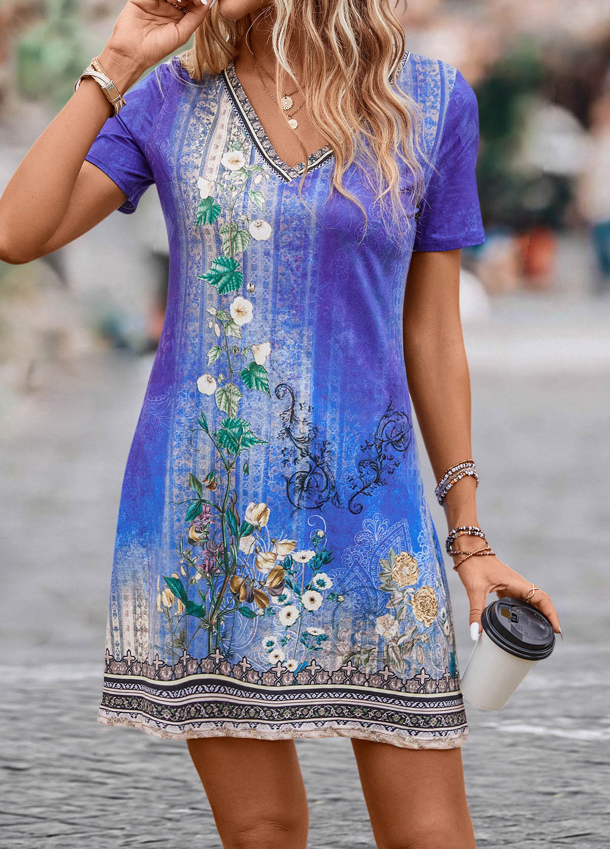 Purple Lightweight Floral Print Short V Neck Dress