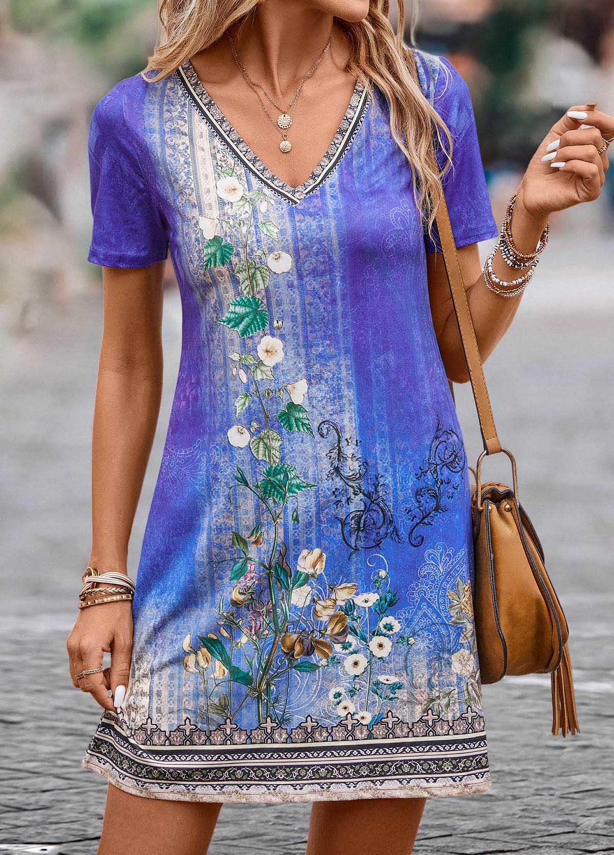 Purple Lightweight Floral Print Short V Neck Dress