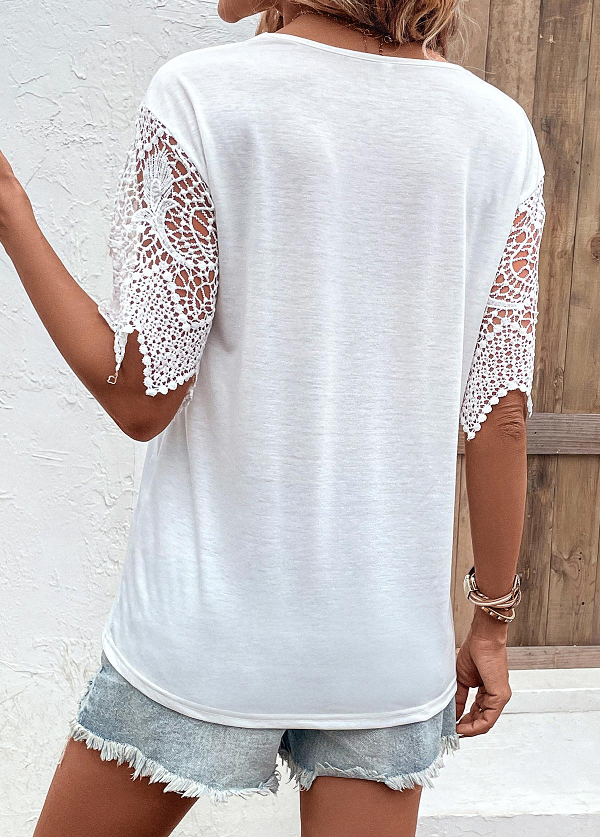 White Lace Short Sleeve V Neck T Shirt | modlily.com - USD 25.98