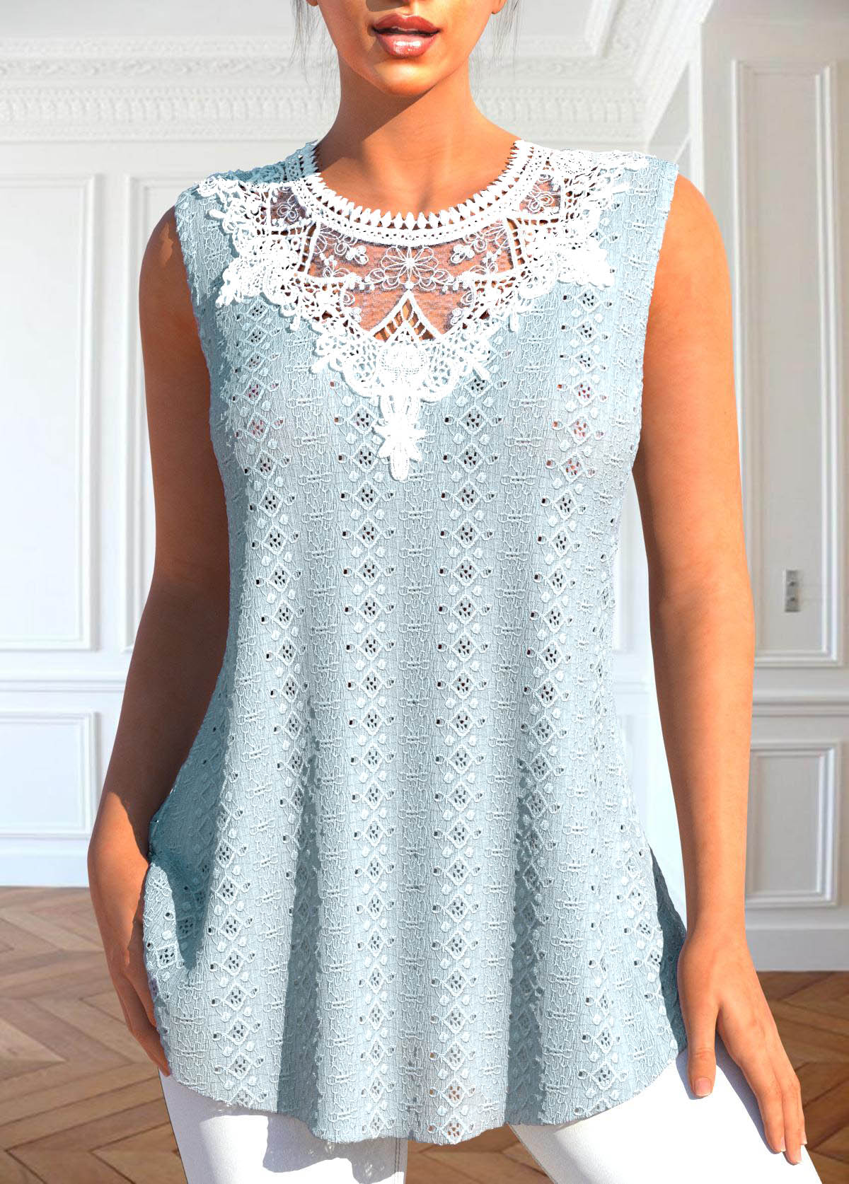 Dusty Blue Patchwork Round Neck Tank Top | picture 
