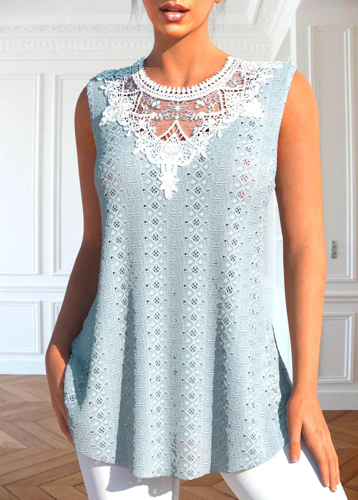 Dusty Blue Patchwork Round Neck Tank Top | picture 