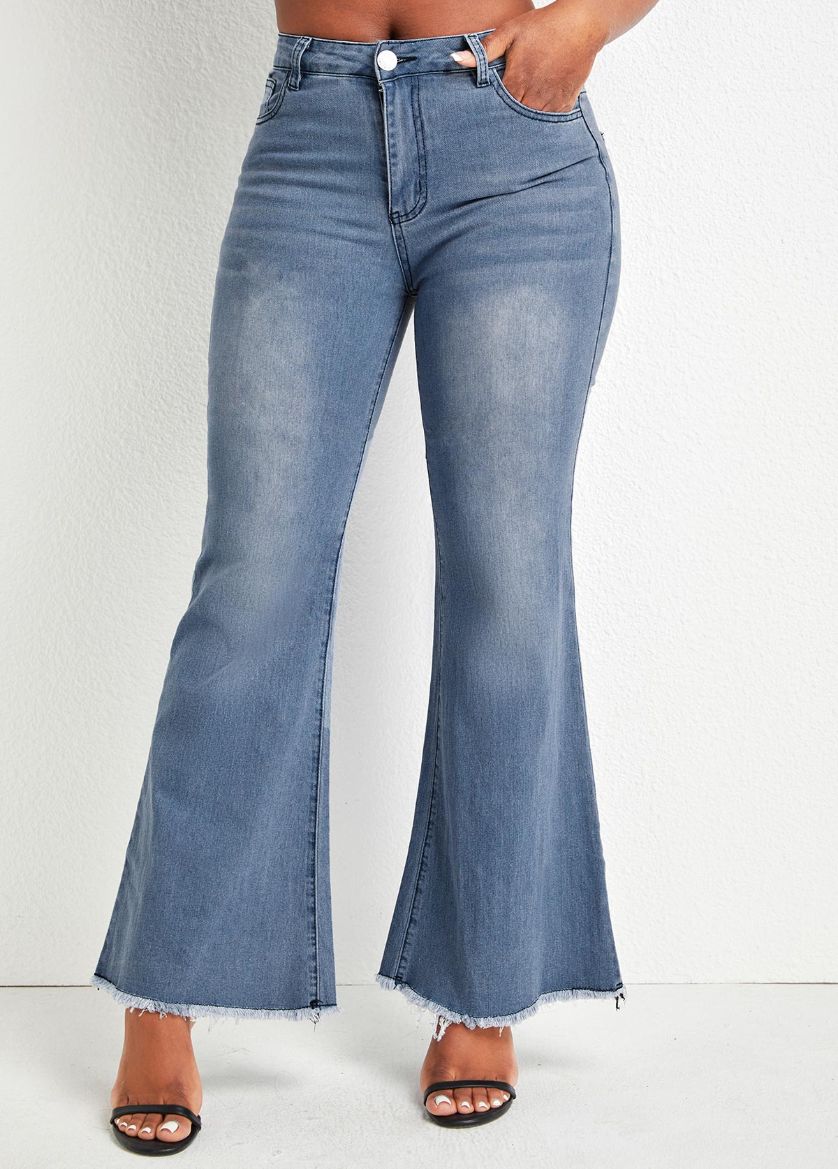 Denim Blue Pocket Flare Leg Zipper Fly Jeans