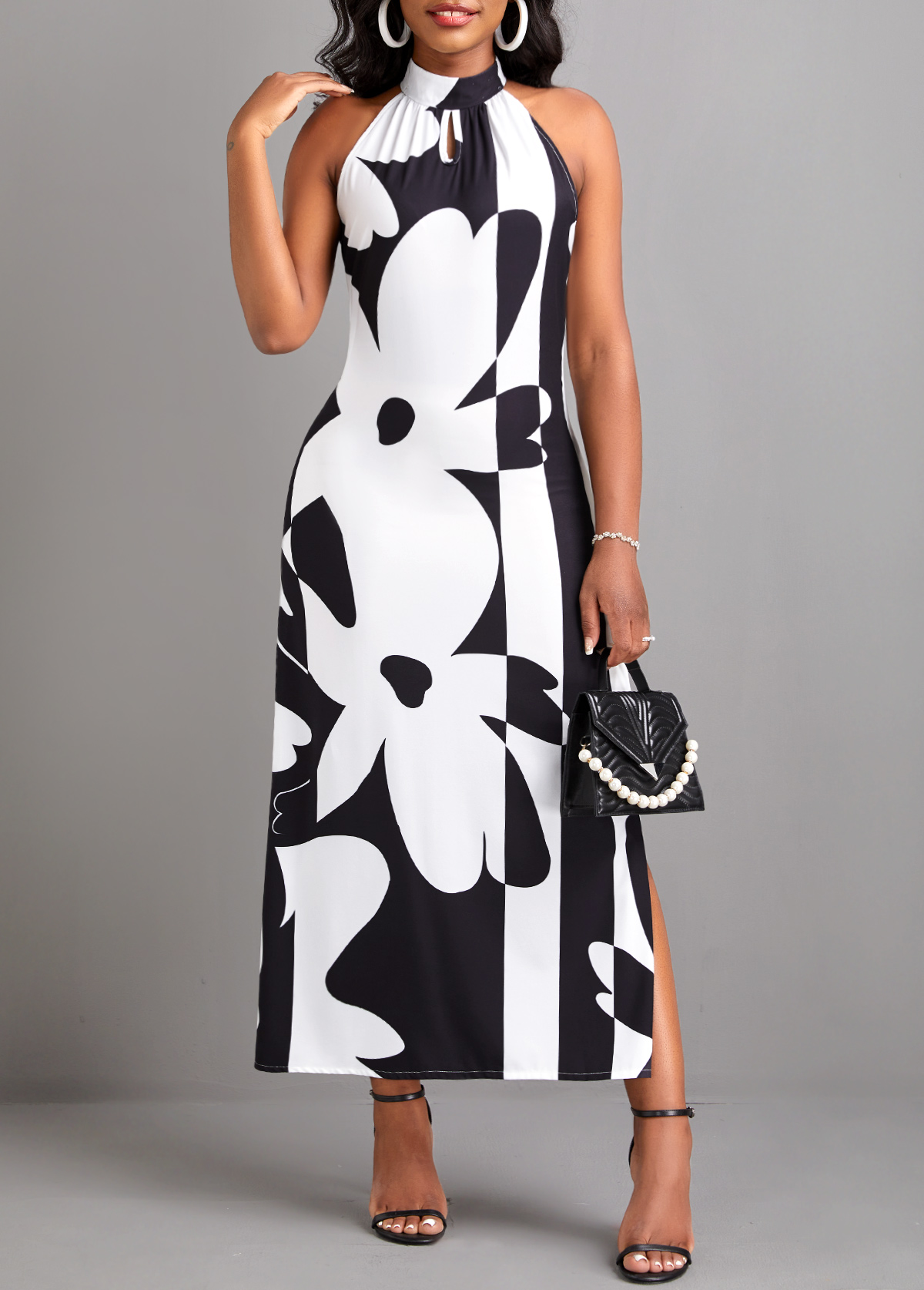 Black Split Floral Print A Line Maxi Dress