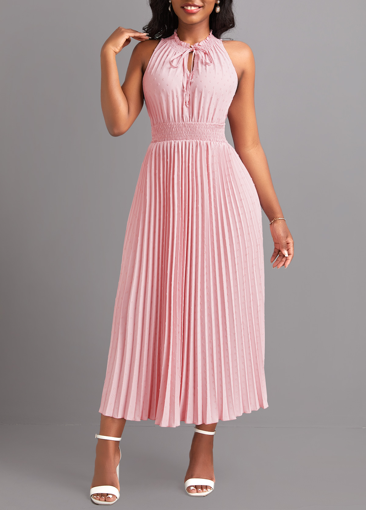 Light Pink Pleated Sleeveless Tie Front Dress