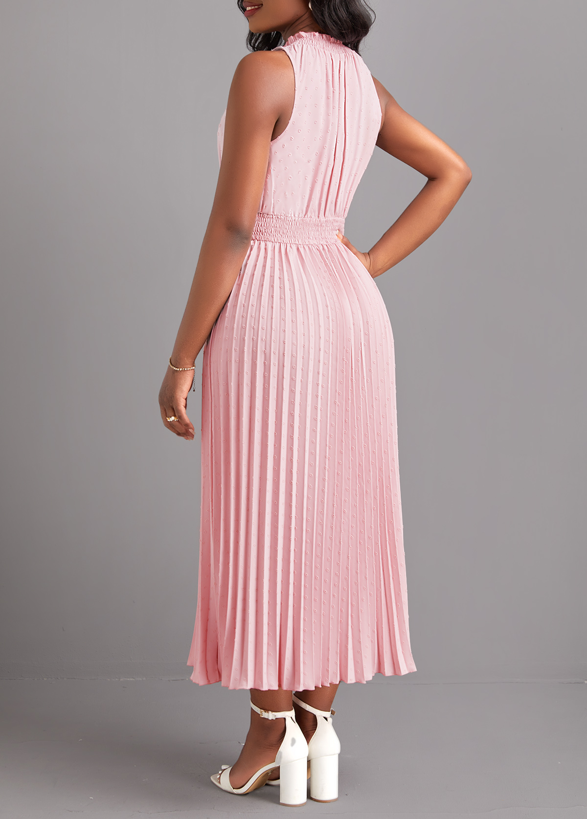 Light Pink Pleated Sleeveless Tie Front Dress
