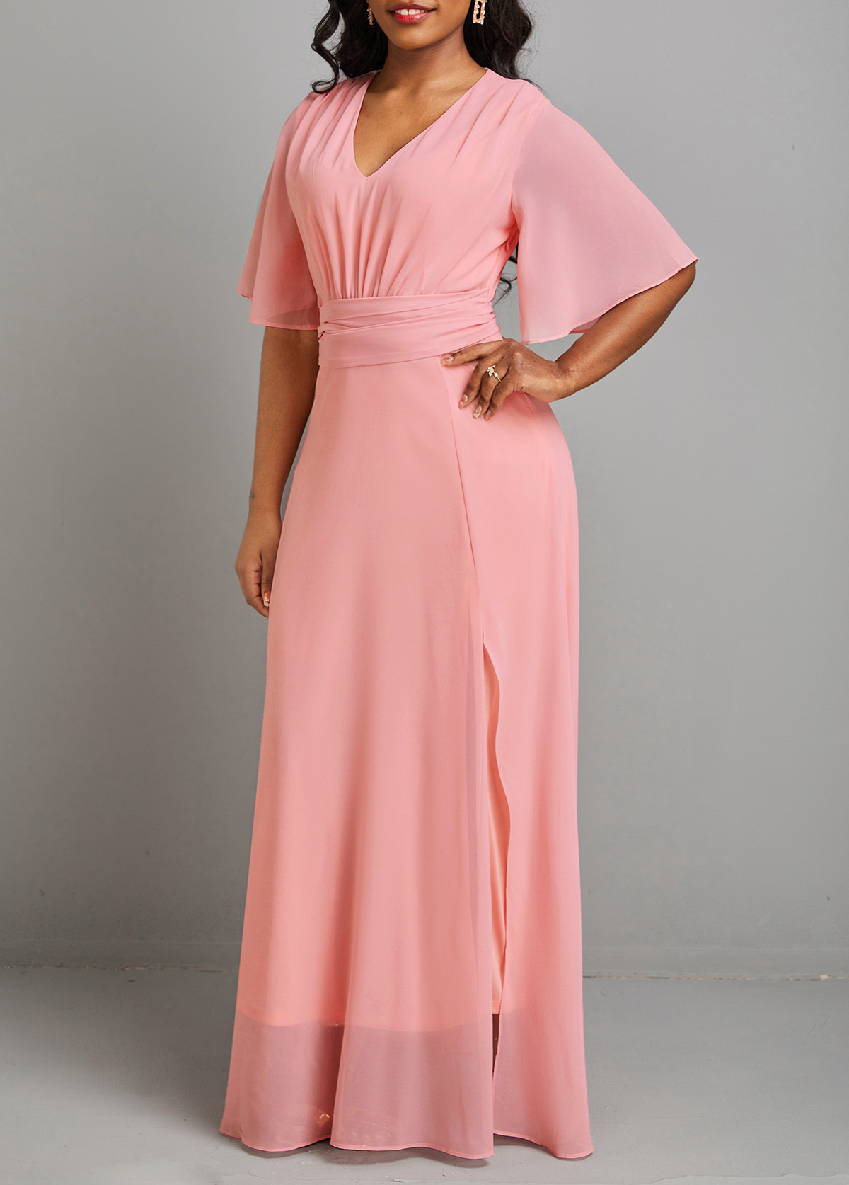 Pink Split Short Sleeve V Neck Maxi Dress