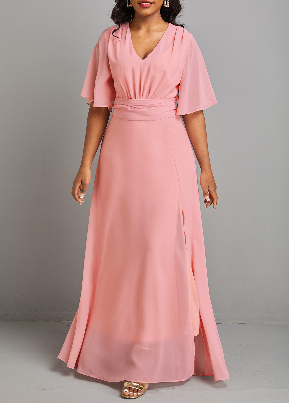 Pink Split Short Sleeve V Neck Maxi Dress