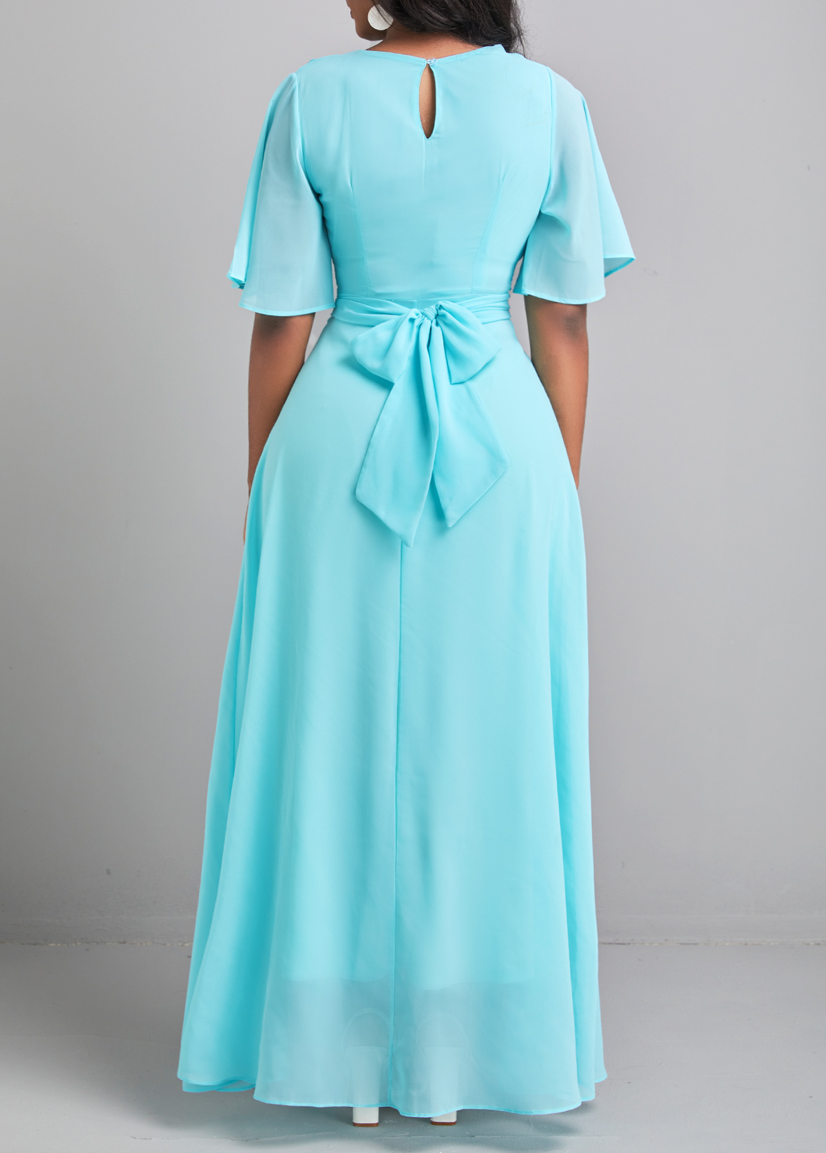 Neon Blue Bowknot Half Sleeve Maxi Dress